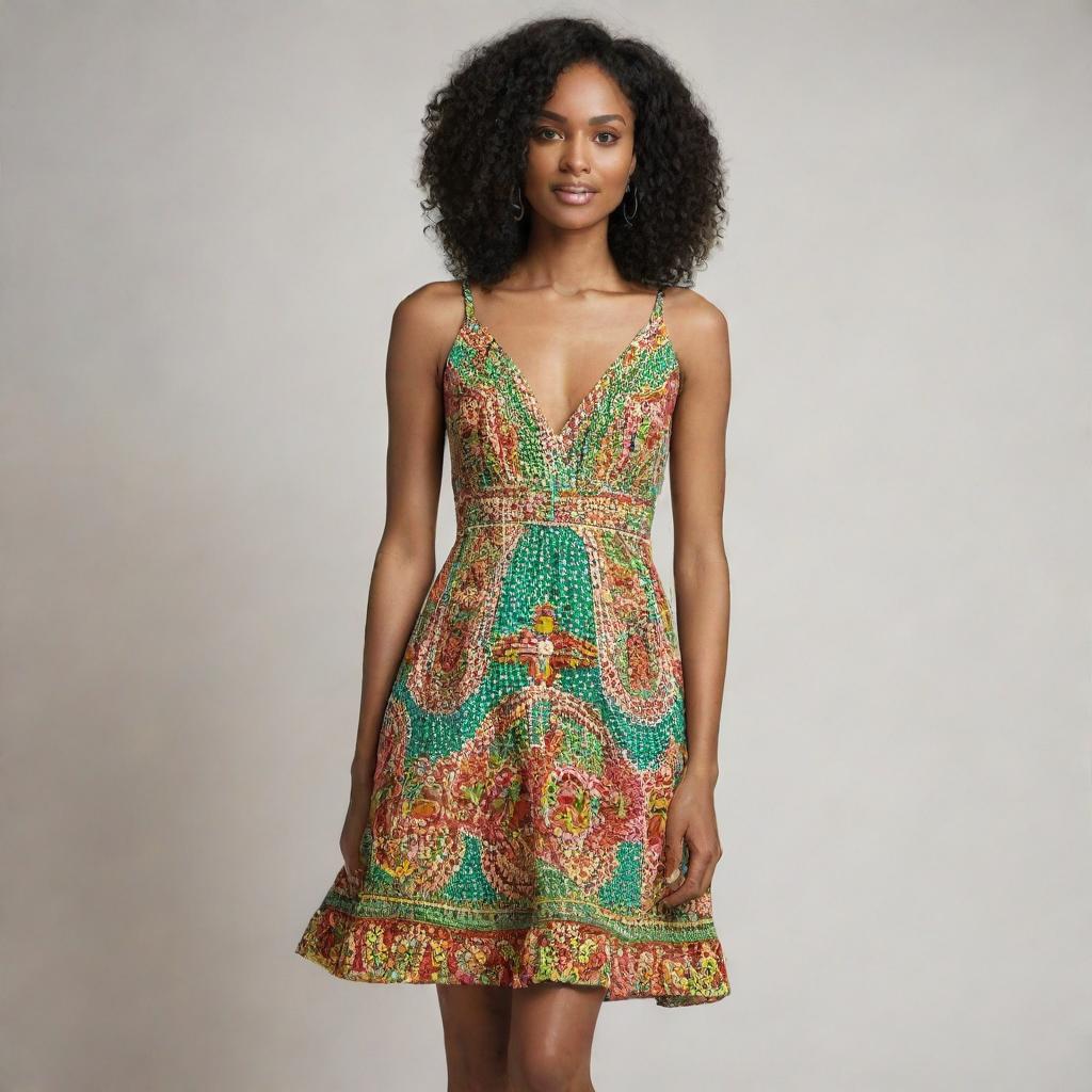 A vibrant flare dress inspired by the colors and motifs of Guyana, showcasing a short, playful length