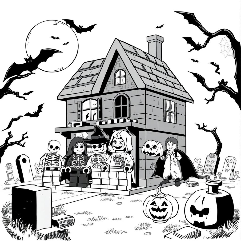 Black and white illustration of a LEGO Halloween scene, featuring a haunted house made of LEGO bricks with spooky LEGO characters like a skeleton, a witch, a vampire, and a pumpkin-head monster