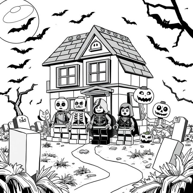 Black and white illustration of a LEGO Halloween scene, featuring a haunted house made of LEGO bricks with spooky LEGO characters like a skeleton, a witch, a vampire, and a pumpkin-head monster