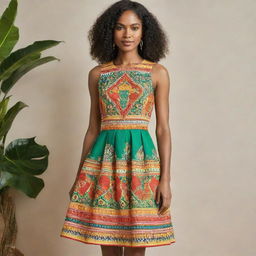 A vibrant flare dress inspired by the colors and motifs of Guyana, showcasing a short, playful length