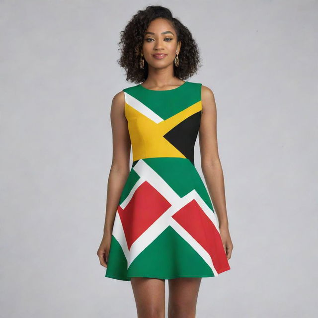 A short, flared dress designed with the colors of the Guyanese flag, featuring bold green, gold, white, black, and red hues