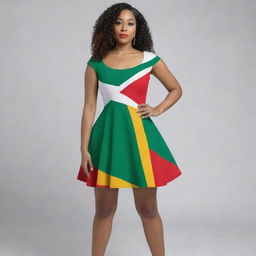 A short, flared dress designed with the colors of the Guyanese flag, featuring bold green, gold, white, black, and red hues