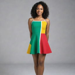 A short, flared dress designed with the colors of the Guyanese flag, featuring bold green, gold, white, black, and red hues