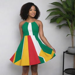 A short, flared dress designed with the colors of the Guyanese flag, featuring bold green, gold, white, black, and red hues