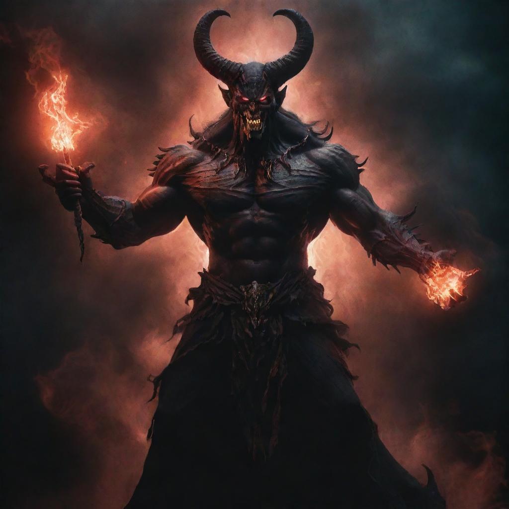 A demonic deity, imposing and powerful with a dark glowing aura