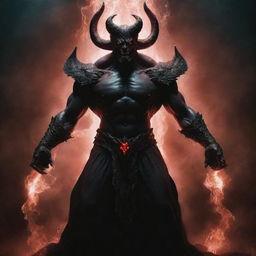 A demonic deity, imposing and powerful with a dark glowing aura