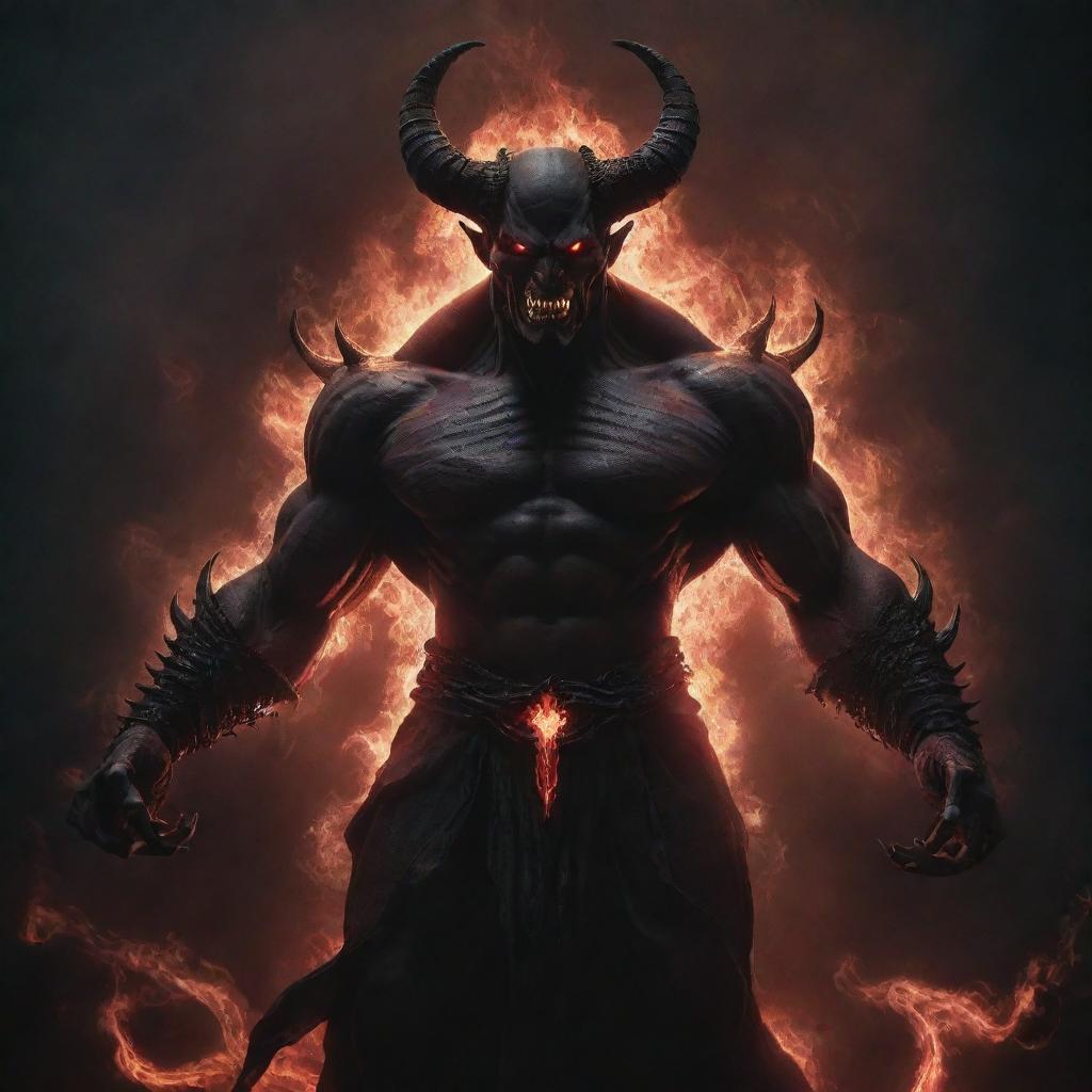 A demonic deity, imposing and powerful with a dark glowing aura