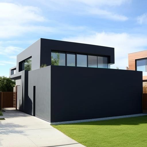 A two-storey modern, box-type house with sleek lines and flat roofs. The architecture includes large, sliding glass doors, open living spaces, and minimalistic interior decor.