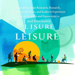 A captivating and intellectual book cover design for a book titled "Narratives from Research, Social Projection, and Academic Experience in Leisure and Recreation