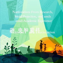 A captivating and intellectual book cover design for a book titled "Narratives from Research, Social Projection, and Academic Experience in Leisure and Recreation