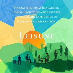 A captivating and intellectual book cover design for a book titled "Narratives from Research, Social Projection, and Academic Experience in Leisure and Recreation