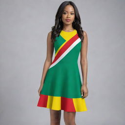 A stylish short flare dress vividly coloured with the design of the Guyana flag