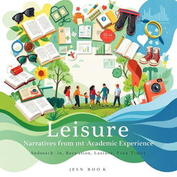 A thought-provoking and visually engaging book cover design for a book titled "Narratives from Academic Experience, Social Projection, and Research in Leisure, Recreation, and Free Time