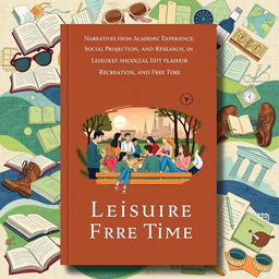 A thought-provoking and visually engaging book cover design for a book titled "Narratives from Academic Experience, Social Projection, and Research in Leisure, Recreation, and Free Time