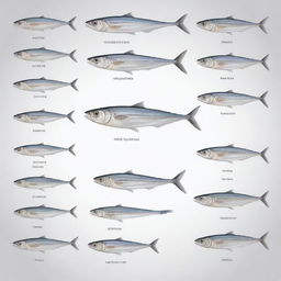 Detailed and accurate illustration of a Sardine fish anatomy with labelled parts, from different angles to provide a comprehensive view