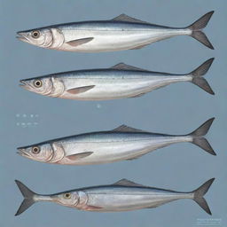 Detailed and accurate illustration of a Sardine fish anatomy with labelled parts, from different angles to provide a comprehensive view