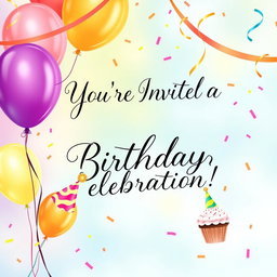 A colorful and joyful birthday invitation design featuring balloons, confetti, and an elegant handwritten font that says "You're Invited to a Birthday Celebration!"