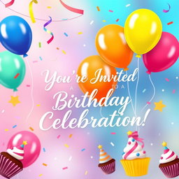 A colorful and joyful birthday invitation design featuring balloons, confetti, and an elegant handwritten font that says "You're Invited to a Birthday Celebration!"