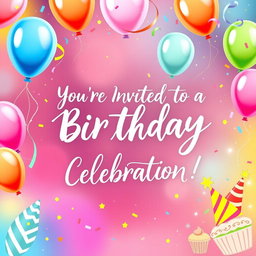 A colorful and joyful birthday invitation design featuring balloons, confetti, and an elegant handwritten font that says "You're Invited to a Birthday Celebration!"