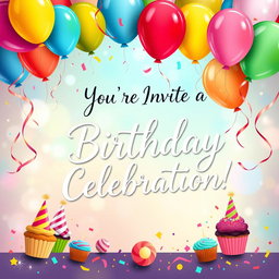 A colorful and joyful birthday invitation design featuring balloons, confetti, and an elegant handwritten font that says "You're Invited to a Birthday Celebration!"