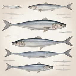 Detailed and accurate illustration of a Sardine fish anatomy with labelled parts, from different angles to provide a comprehensive view