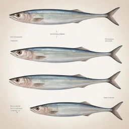 Detailed and accurate illustration of a Sardine fish anatomy with labelled parts, from different angles to provide a comprehensive view