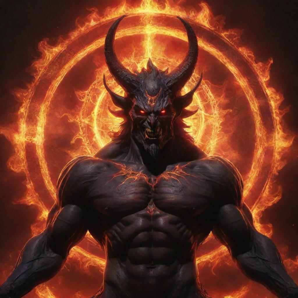 An awe-inspiring demonic god in his universe form, with a breathtakingly beautiful demonic sun in the background