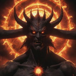 An awe-inspiring demonic god in his universe form, with a breathtakingly beautiful demonic sun in the background