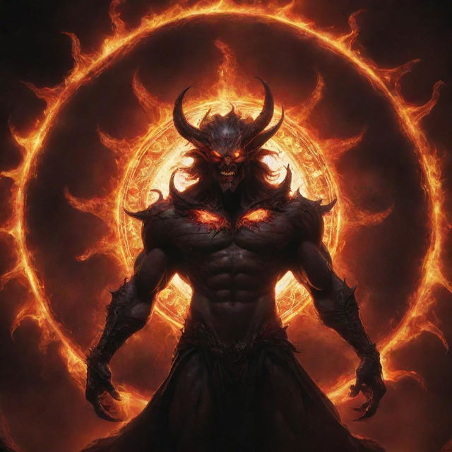 An awe-inspiring demonic god in his universe form, with a breathtakingly beautiful demonic sun in the background