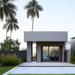 A two-storey modern, box-type house with sleek lines and flat roofs. The architecture includes large, sliding glass doors, open living spaces, and minimalistic interior decor.