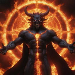 An awe-inspiring demonic god in his universe form, with a breathtakingly beautiful demonic sun in the background