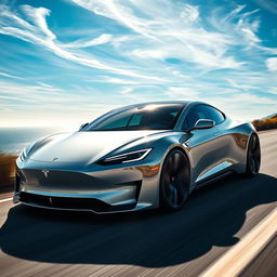 A futuristic car that blends the sleek, aerodynamic curves and electric elegance of a Tesla Model S with the aggressive, high-performance design elements of the Pininfarina Battista