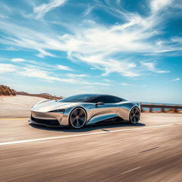 A futuristic car that blends the sleek, aerodynamic curves and electric elegance of a Tesla Model S with the aggressive, high-performance design elements of the Pininfarina Battista