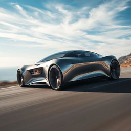 A futuristic car that blends the sleek, aerodynamic curves and electric elegance of a Tesla Model S with the aggressive, high-performance design elements of the Pininfarina Battista