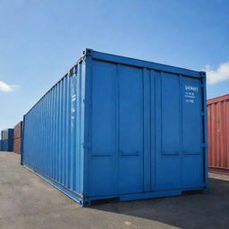 A large, sturdy shipping container under a clear blue sky.