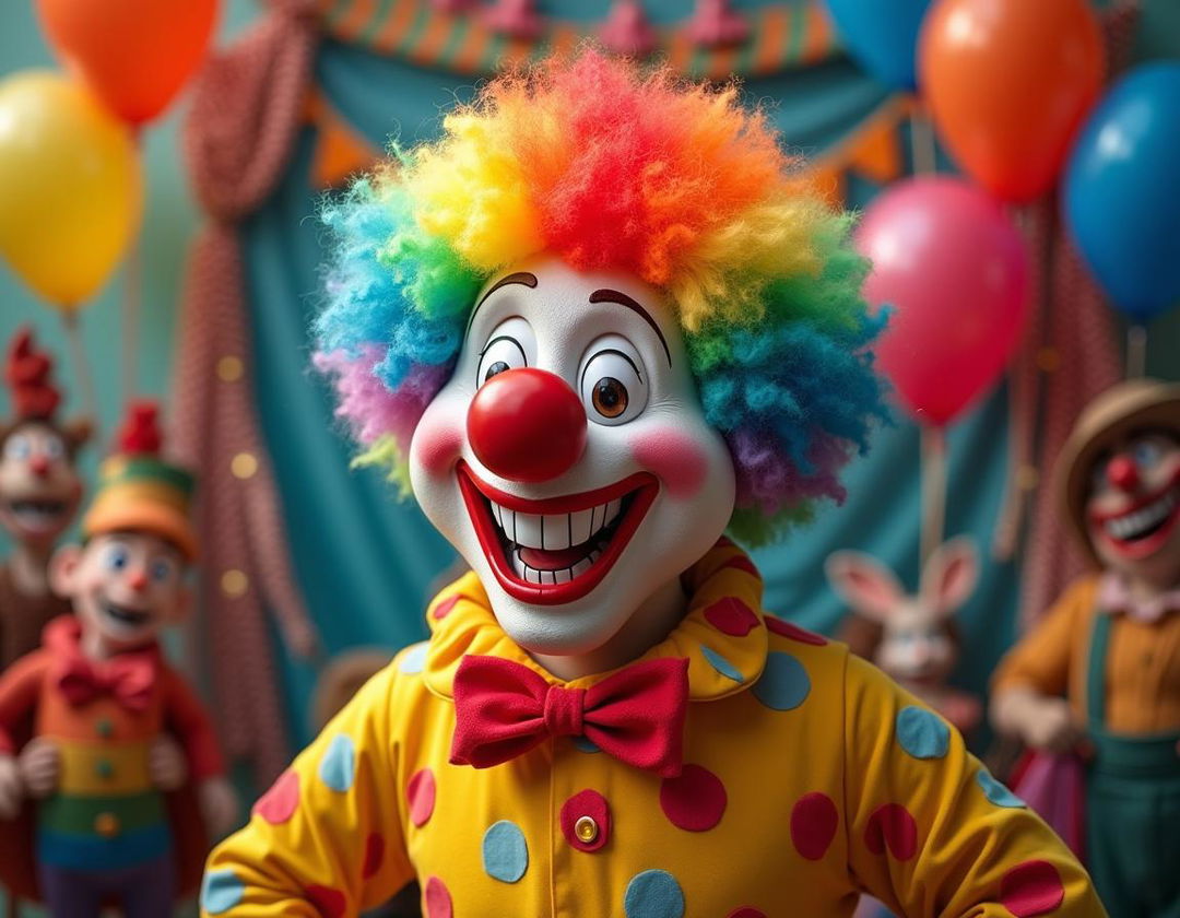 A vibrant and whimsical clown with a big red nose and a joyful smile, wearing a colorful wig of rainbow hues