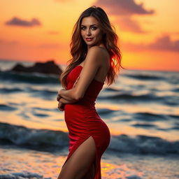 A captivating and alluring woman standing confidently by the ocean shore, basking in the golden glow of a sunset