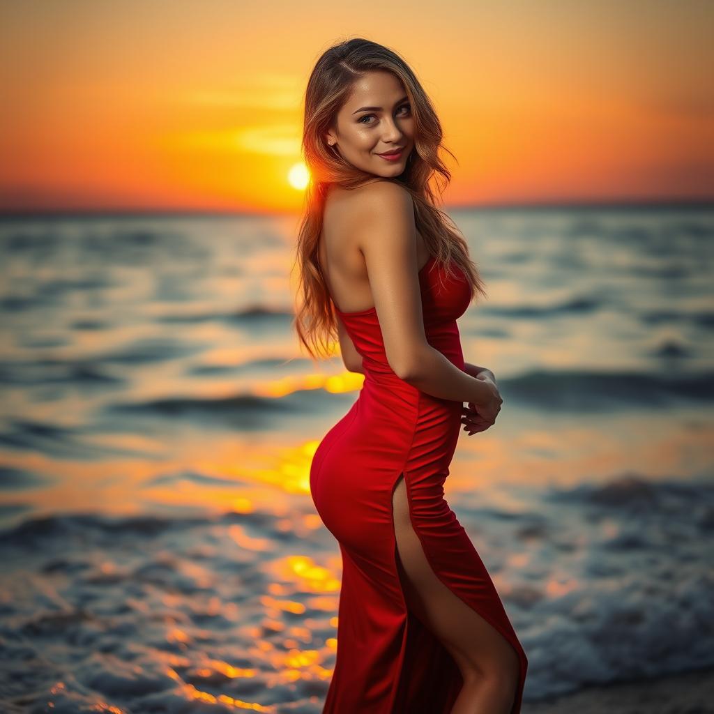 A captivating and alluring woman standing confidently by the ocean shore, basking in the golden glow of a sunset