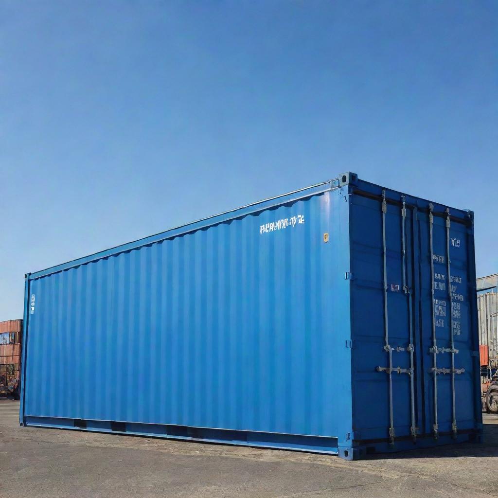 A large, sturdy shipping container under a clear blue sky.