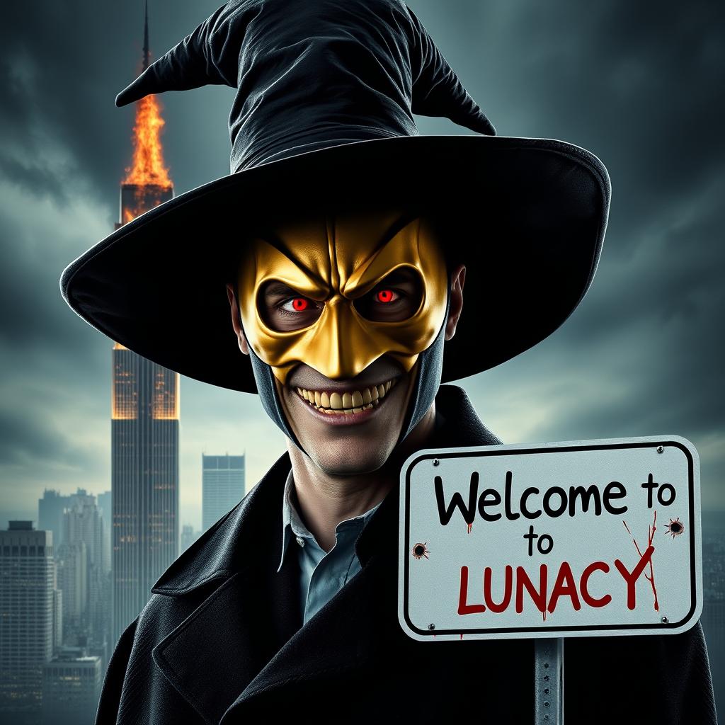 A parody of "The Dark Knight" poster featuring a man in a black wide-brimmed puritan witch hat and a black coat