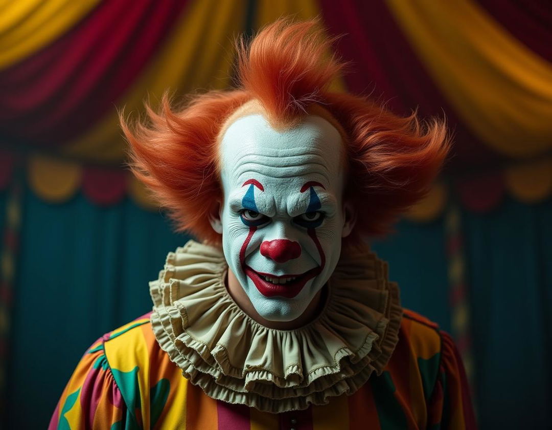 An angry clown with a furrowed brow and intense eyes, wearing a colorful but slightly disheveled costume