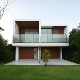 A two-storey modern, box-type house with sleek lines and flat roofs. The architecture includes large, sliding glass doors, open living spaces, and minimalistic interior decor.