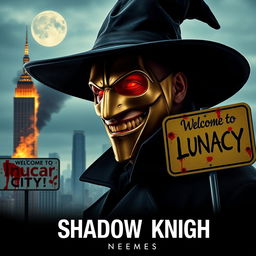 A parody of "The Dark Knight" poster featuring a man in a black wide-brimmed puritan witch hat and a black coat