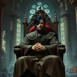 A semi-realistic depiction of a throne room in ruins, with cracked pillars and broken stained glass windows