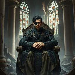 A semi-realistic depiction of a throne room in ruins, with cracked pillars and broken stained glass windows