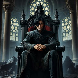 A semi-realistic depiction of a throne room in ruins, with cracked pillars and broken stained glass windows