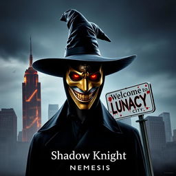 A parody of "The Dark Knight" poster featuring a man in a black wide-brimmed puritan witch hat and a black coat