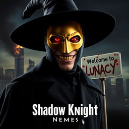 A parody of "The Dark Knight" poster featuring a man in a black wide-brimmed puritan witch hat and a black coat