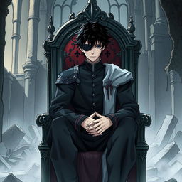 A light novel illustration depicting a throne room in ruins