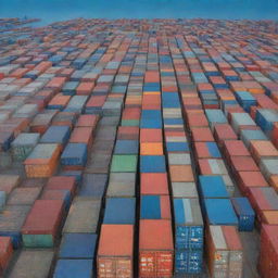 Multiple colorful maritime shipping containers stacked on a bustling dock with a calm ocean in the background.